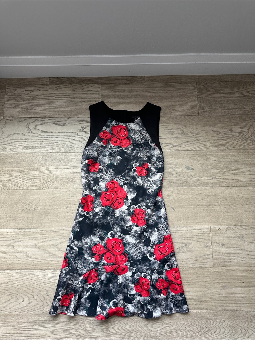 RW&CO. Black Mini Dress with Red Rose Print